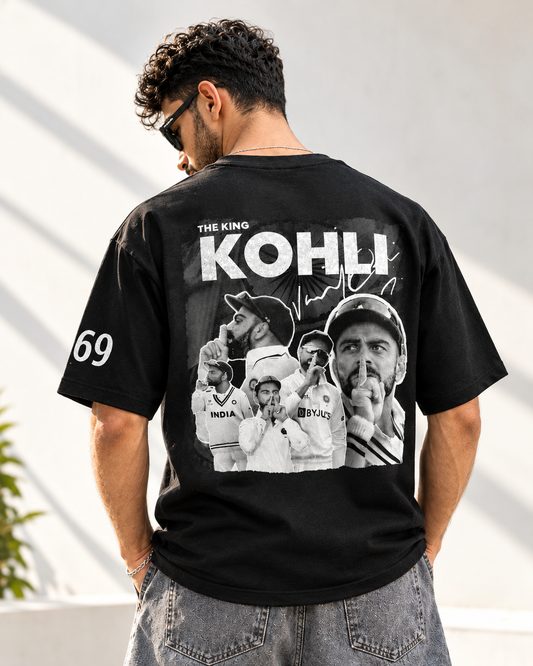 Virat Kohli T Shirt for Men | The King Kohli Graphic Printed Oversized T-Shirt | Black Cotton Cricket Fan T-Shirt